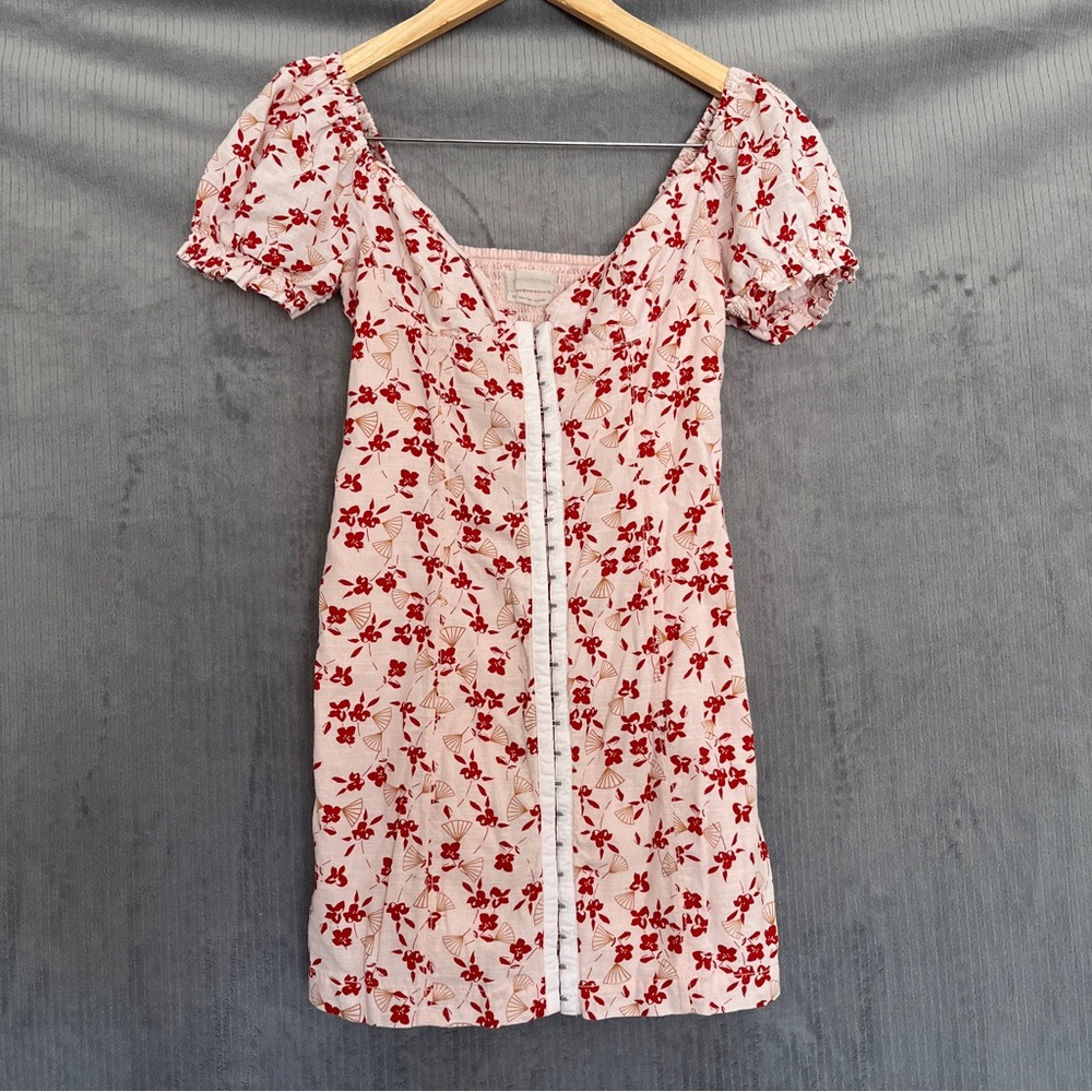 Urban Outfitters Britney Hook and Loop Mini Dress Puffed Sleeves Red and Pink Sm